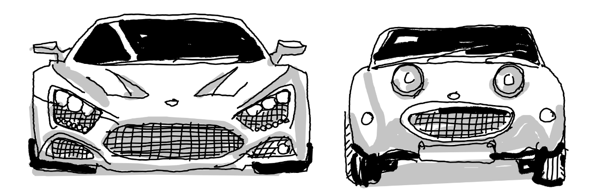 Tegnet illustrasjon som viser fronten til bilene Zenvo ST1 og Austin Healey.