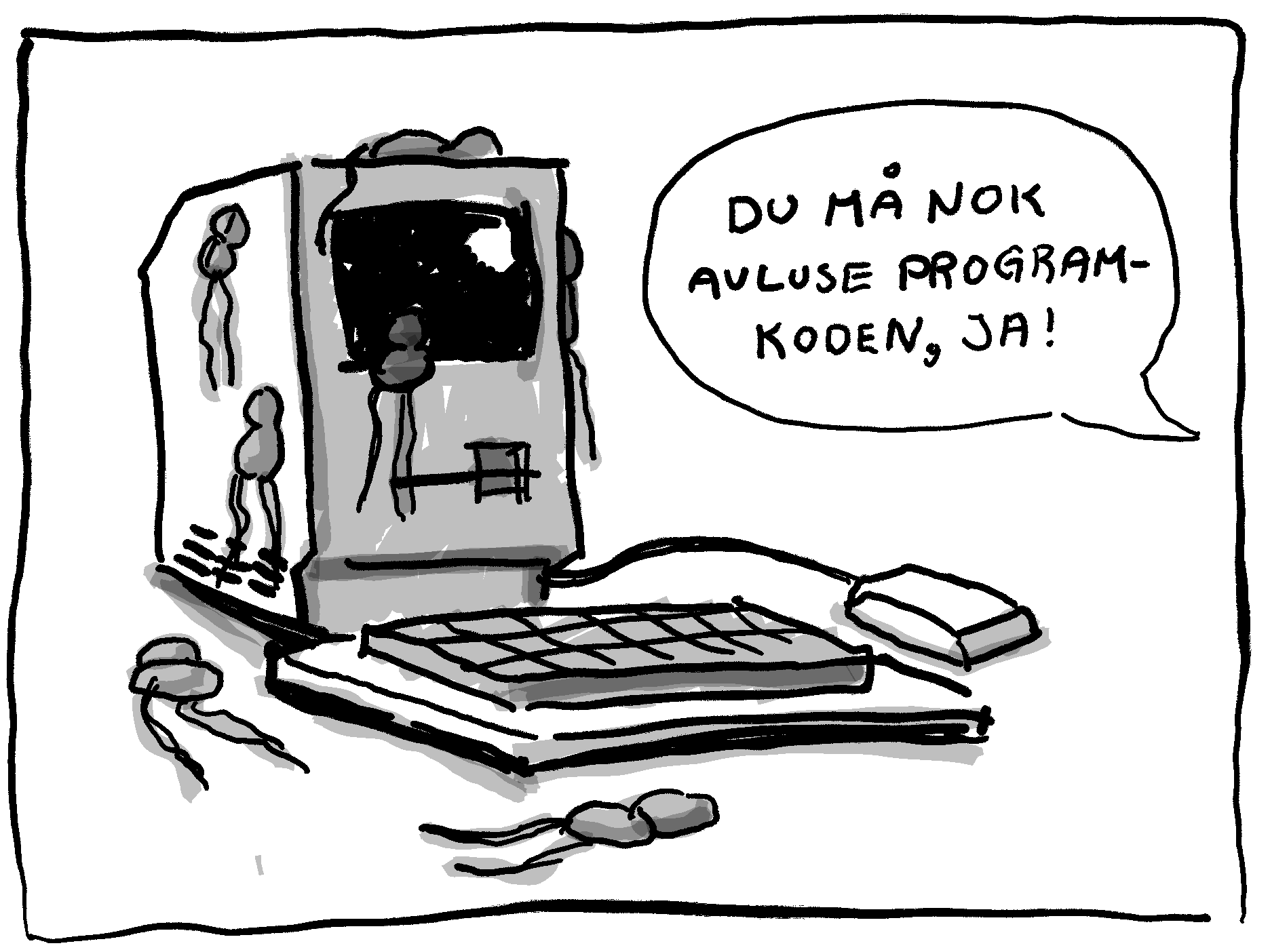 Tegnet illustrasjon som viser lakselus på en Apple 128-datamaskin