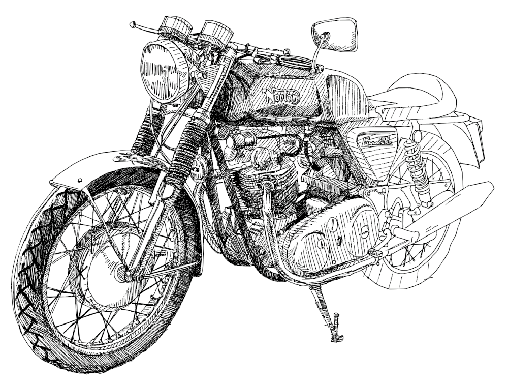 Tegnet illustrasjon som viser en Norton Commando 1970-modell motorsykkel.